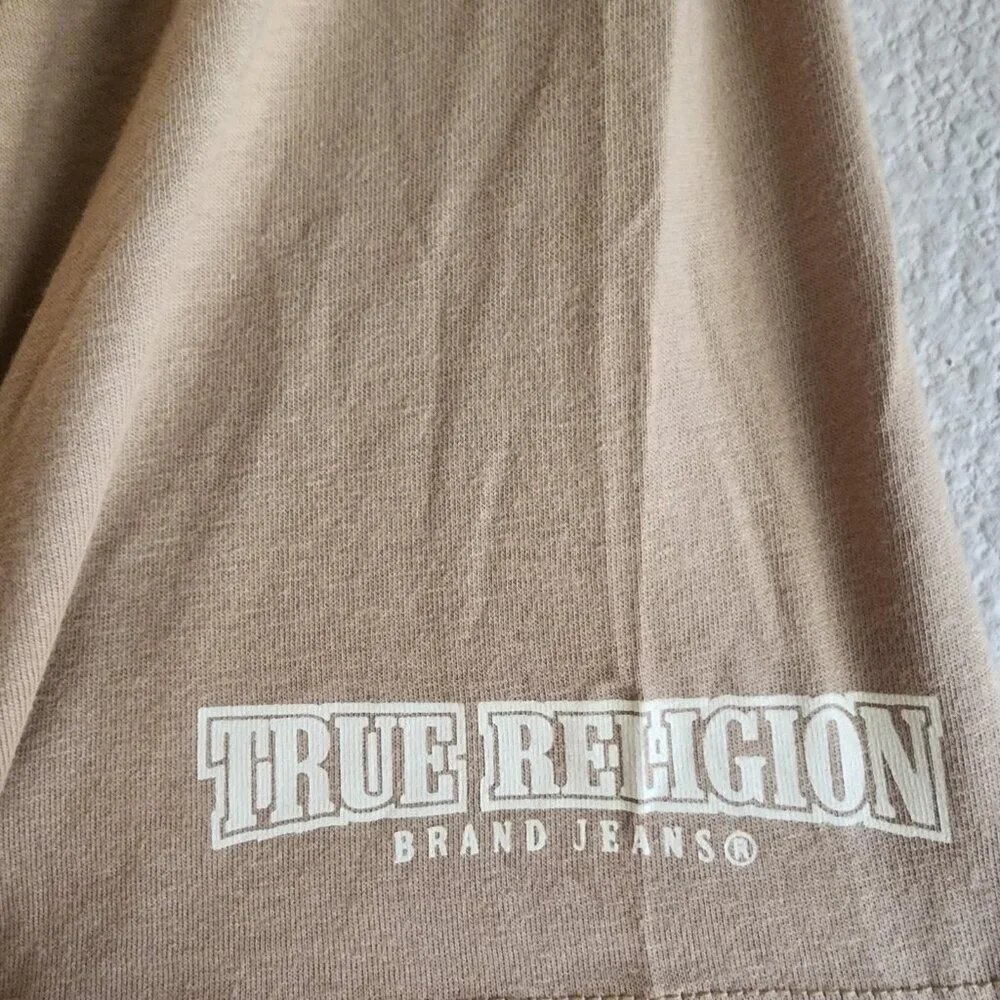 True Religion Shirt Mens Large Tan Buddha Rhinestone Graphic Tee Short Sleeve